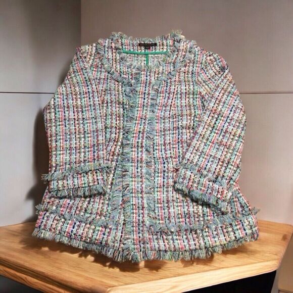Boston Proper Womens Blazer 16 Multicolor Tweed Metallic Hook Closure Classic - Picture 1 of 11